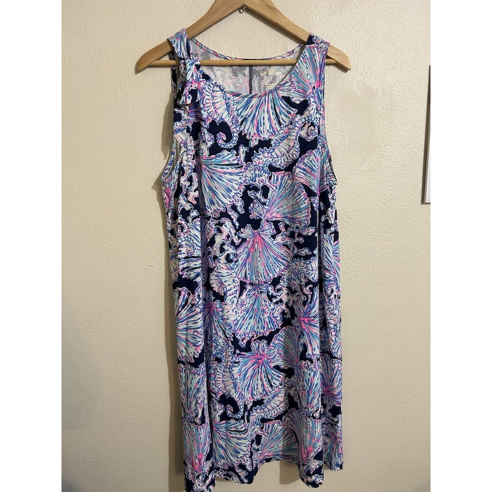 Lilly Pulitzer Dress Navy Shells Bells Luella Swing Sleeveless Seahorses XL